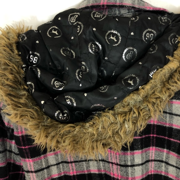 Victoria's Secret Pink Plaid jacket Coat detachable fur hood - Picture 4 of 11